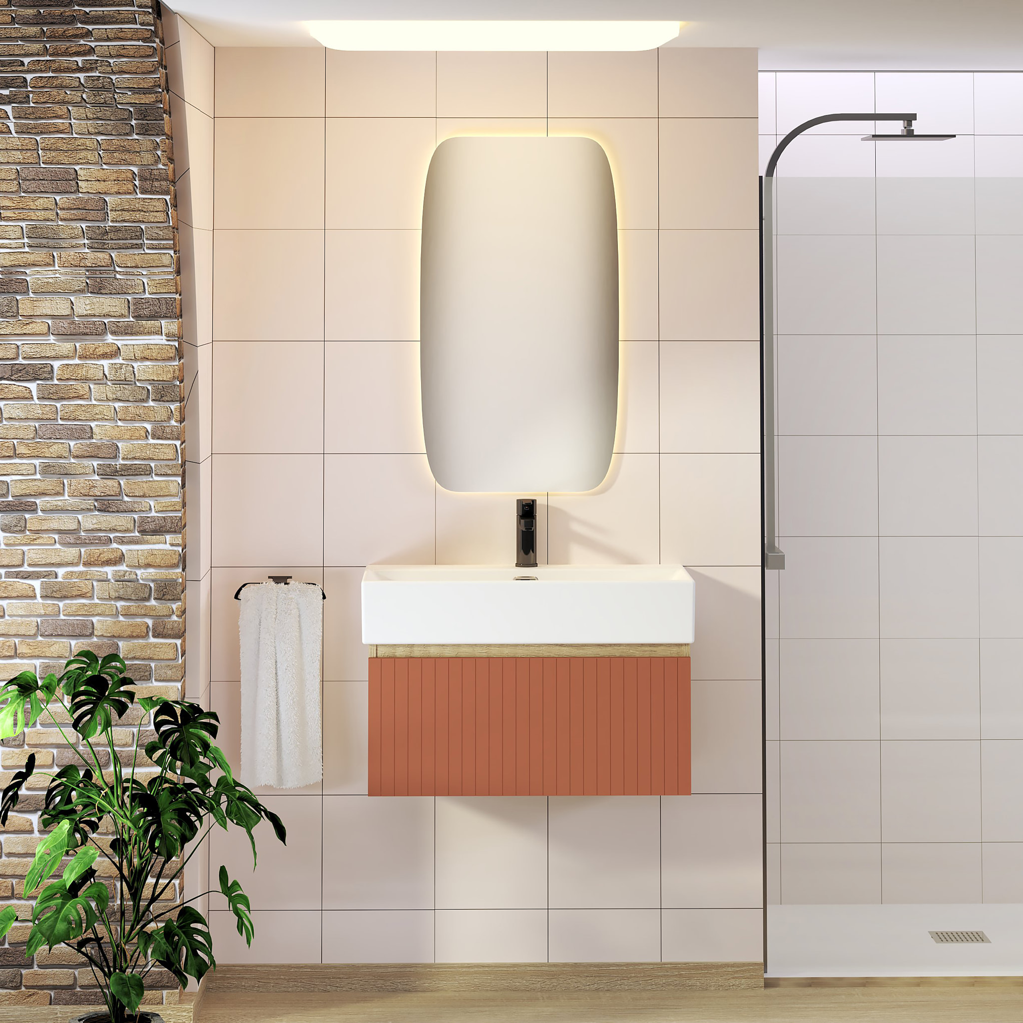 Conjunto de Baño Zel | Mueble Suspendido | 70 cm Scarlato | Un Cajón | Lavabo Encastrado | No incluye Espejo | Mueble Montado| Alday