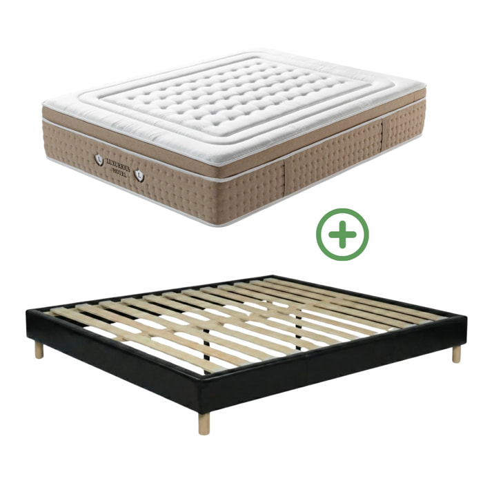 Ensemble matelas Bali & sommier Cancun | Mémoire de forme et ressorts ensachés | Cadre à lattes | Simili cuir | Noir