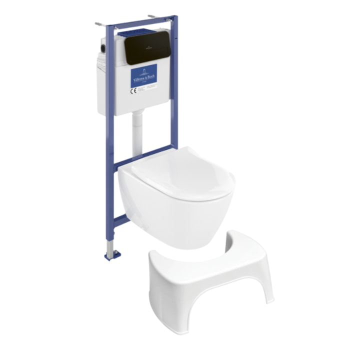 Pack WC sans bride Subway 2.0 avec abattant frein de chute + bâti Viconnect PRO + plaque noir mat  + Tabouret blanc