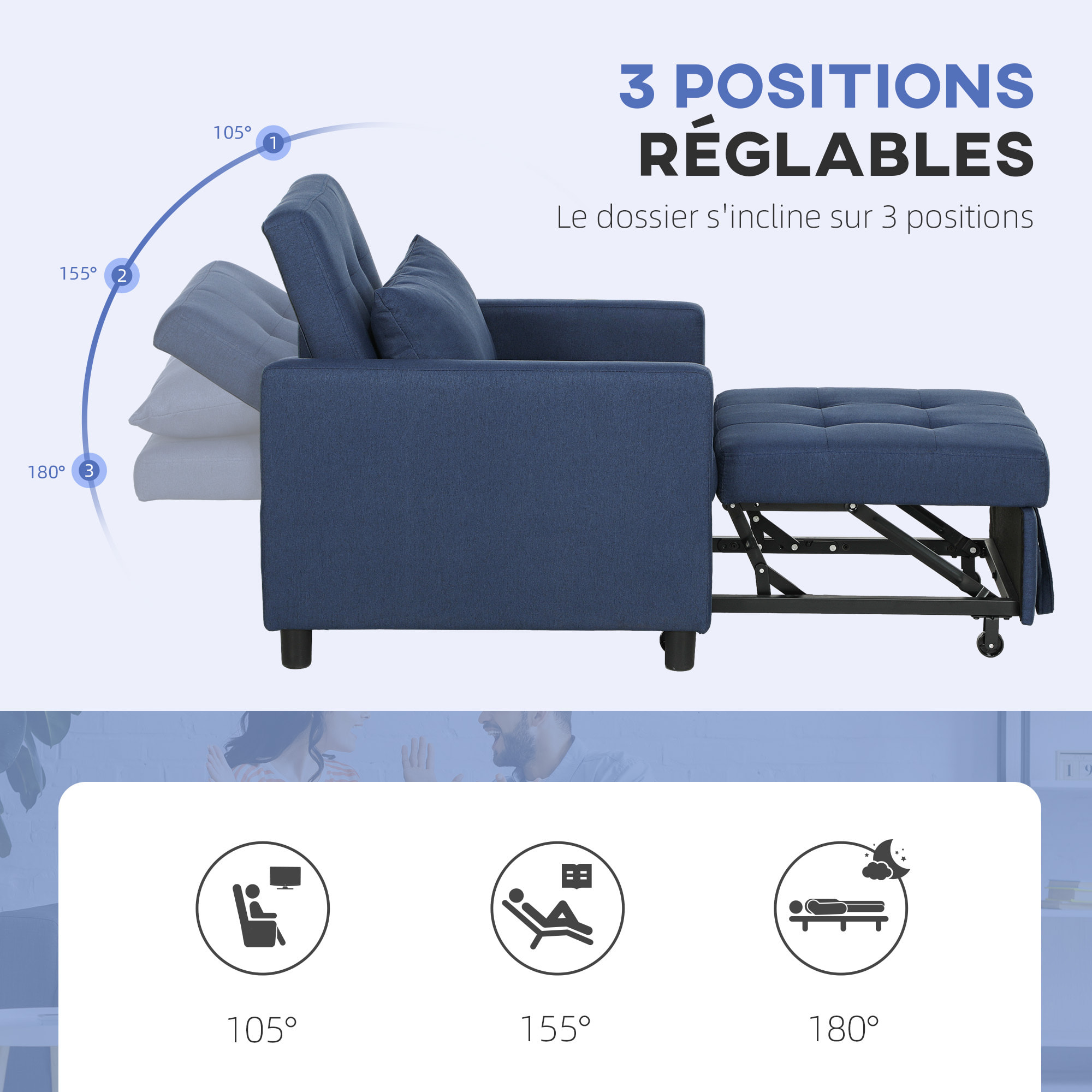 Fauteuil chauffeuse canapé-lit convertible 1 place dossier inclinable 3 positions coussin inclus polyester coton bleu