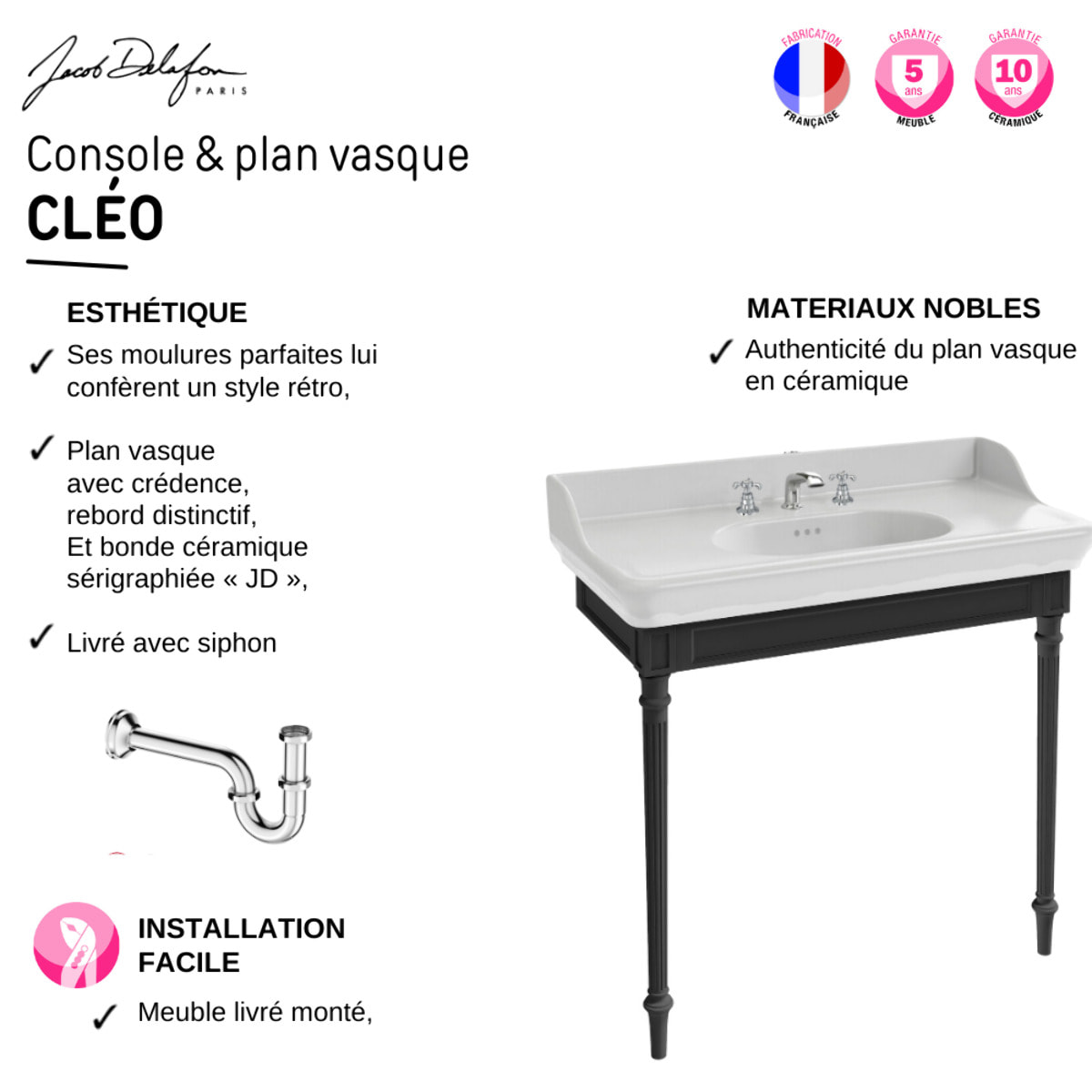 Console Cléo 1889 avec plan vasque 3 trous + colonne droite + miroir + mélangeur croisillon lavabo chromé + siphon