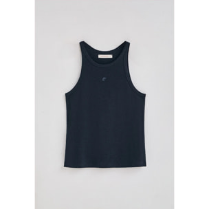 Camiseta azul marino de lino y algodón con monograma bordado