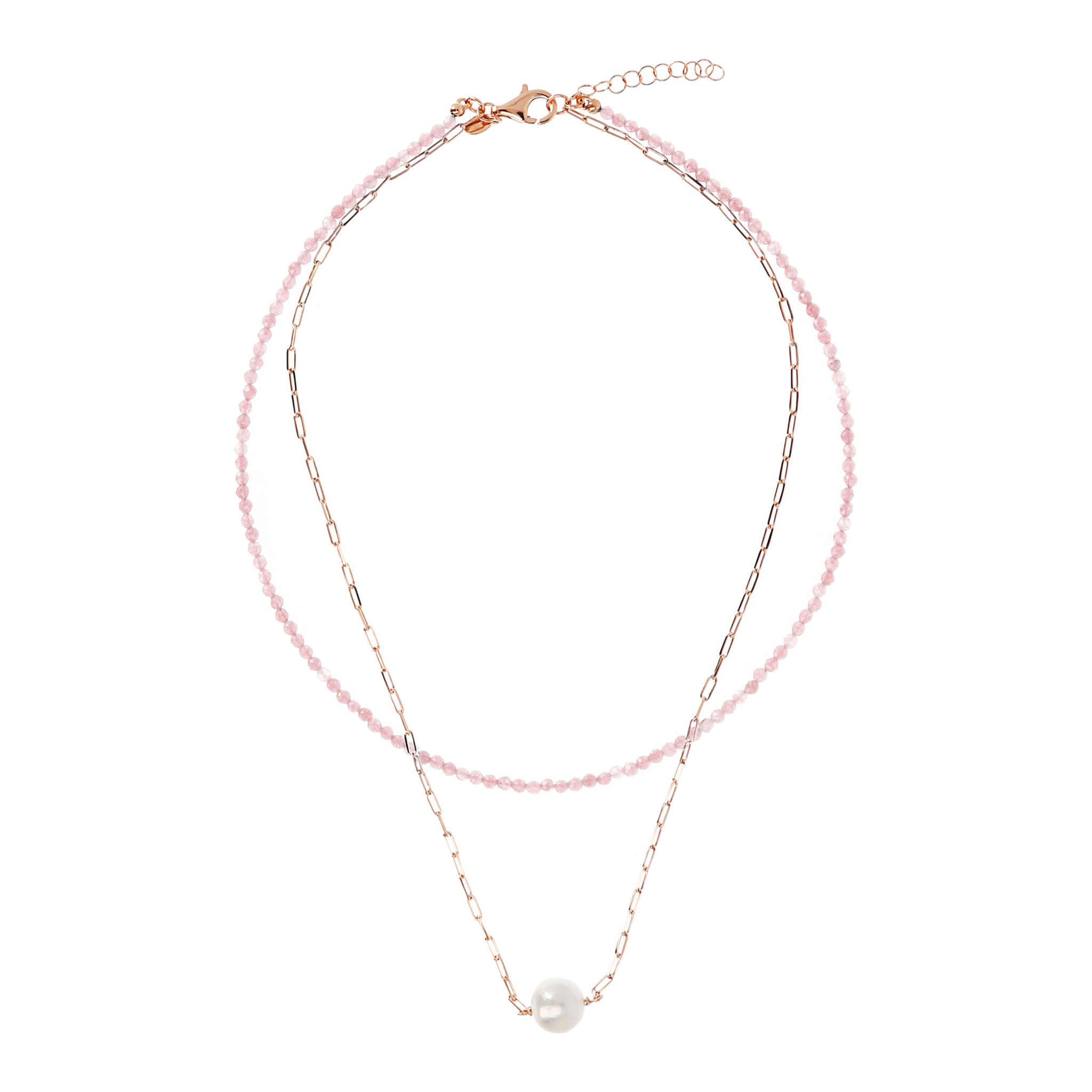 PERLAVIVA - Doppia Collana con Quarzite Rosa e Perla Ming Bianca Ø 11 mm in Argento 925 placcato Oro Rosa 18Kt