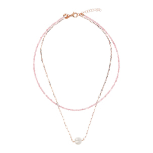 PERLAVIVA - Doppia Collana con Quarzite Rosa e Perla Ming Bianca Ø 11 mm in Argento 925 placcato Oro Rosa 18Kt