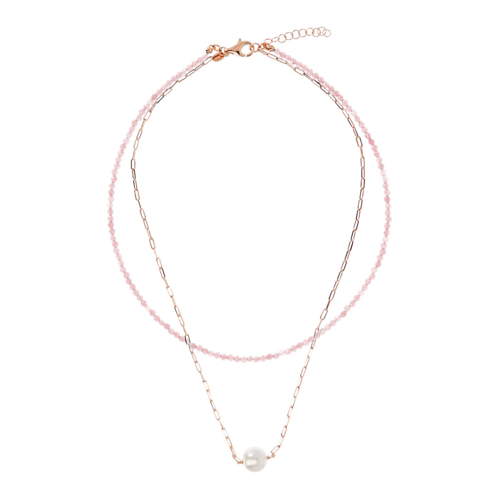 PERLAVIVA - Doppia Collana con Quarzite Rosa e Perla Ming Bianca Ø 11 mm in Argento 925 placcato Oro Rosa 18Kt