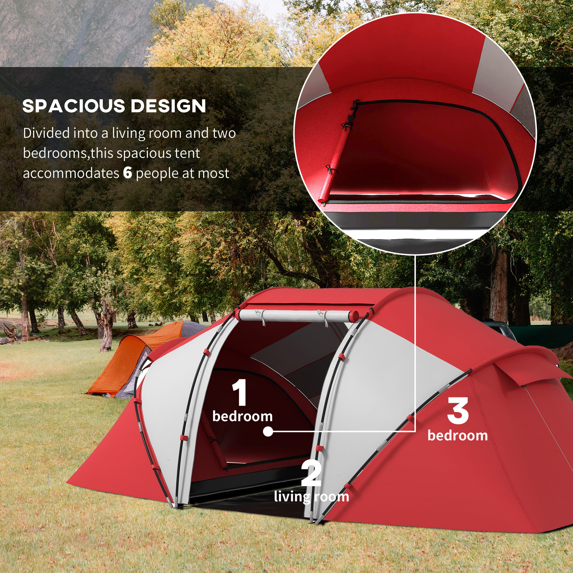 Tente de camping familiale 4-6 personnes 2 cabines fenêtre grande porte 4,3L x 2,4l x 1,7H m rouge gris