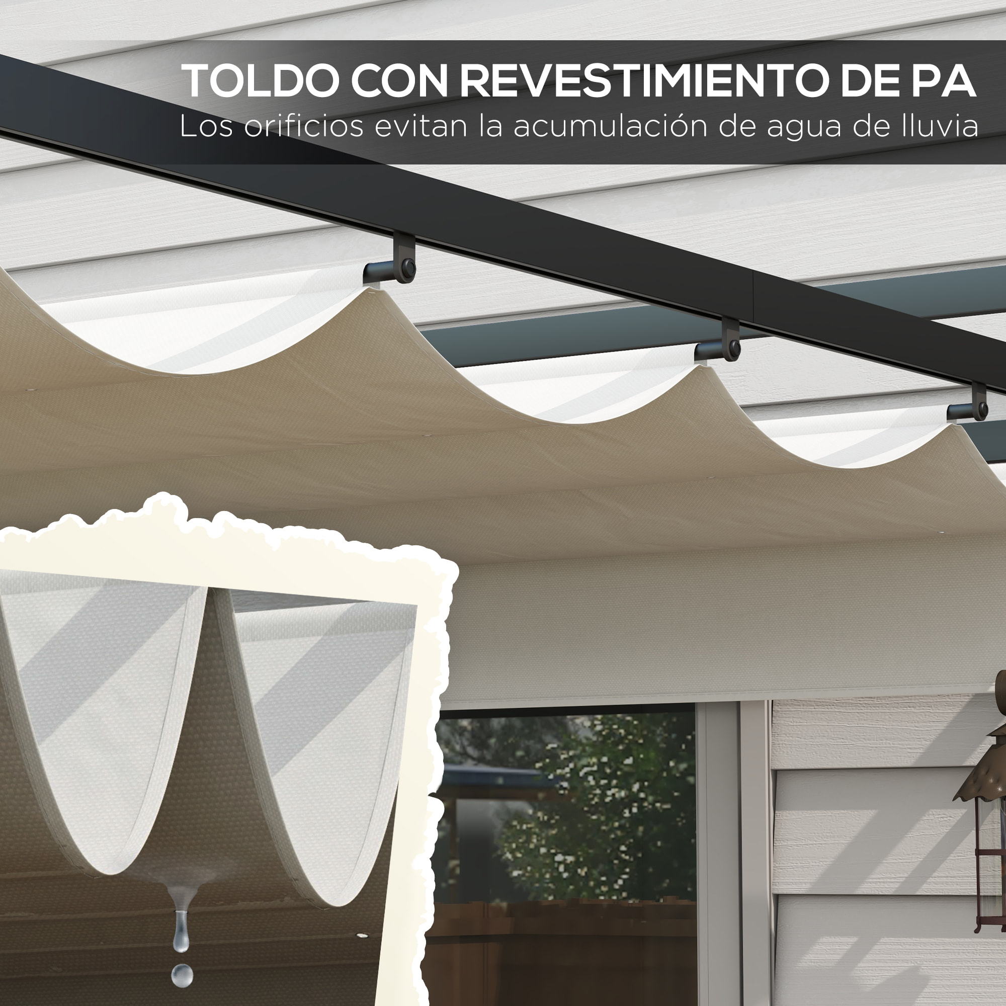 Pérgola 3x4 m Gazebo Cenador de Jardín con Techo Retráctil de Poliéster y 12 Orificios de Drenaje Pérgola para Patio Terraza Exterior Blanco y Gris Oscuro