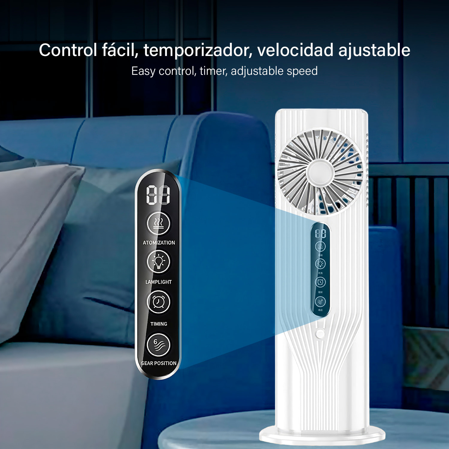 Ventilatore da tavolo BDL-908B. Con funzione di nebulizzazione, 6 velocità e timer fino a 9 ore. Serbatoio da 100 ml e luce ambiente a 7 colori.