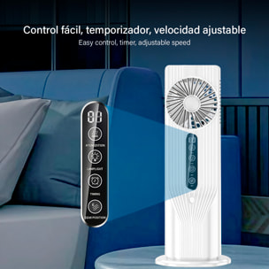 Ventilatore da tavolo BDL-908B. Con funzione di nebulizzazione, 6 velocità e timer fino a 9 ore. Serbatoio da 100 ml e luce ambiente a 7 colori.