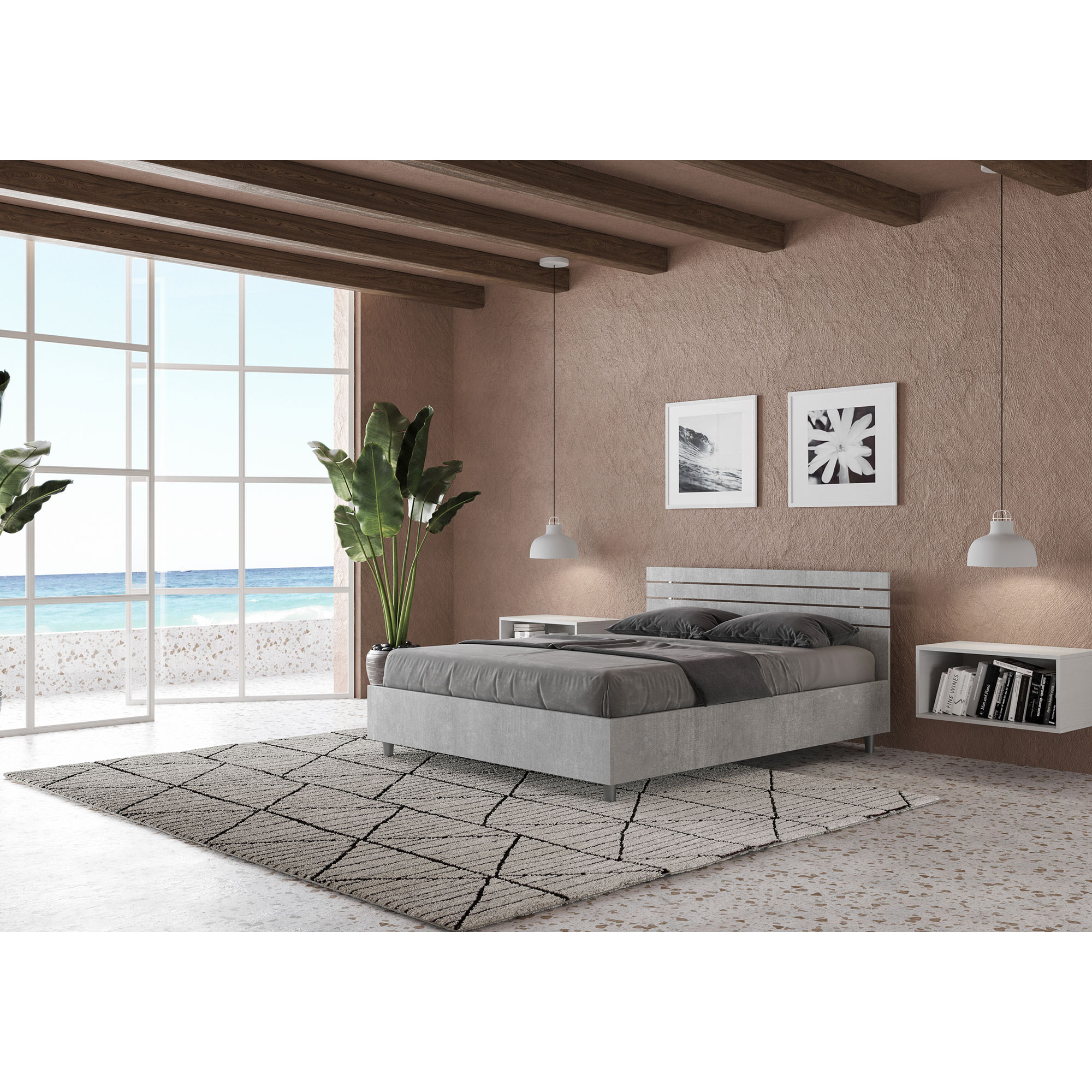 Letto matrimoniale francese senza rete 140x190 testata dritta con doghe cemento Ankel