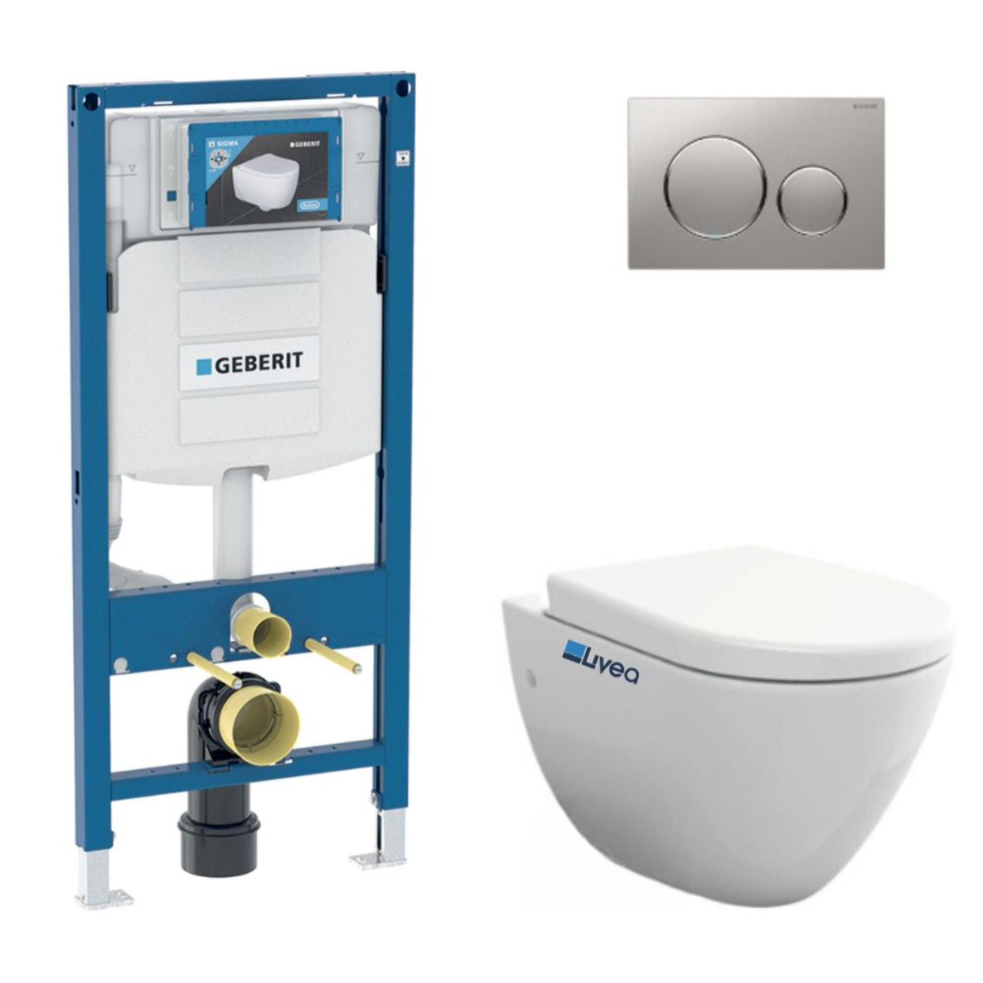 Pack WC Bati-support Geberit UP320 + WC sans bride Livea Bello + Abattant softclose + Plaque Sigma20 Chrome mat/brillant