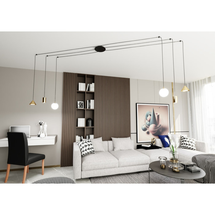Lampada a sospensione FUJI con finitura oro e dettagli neri