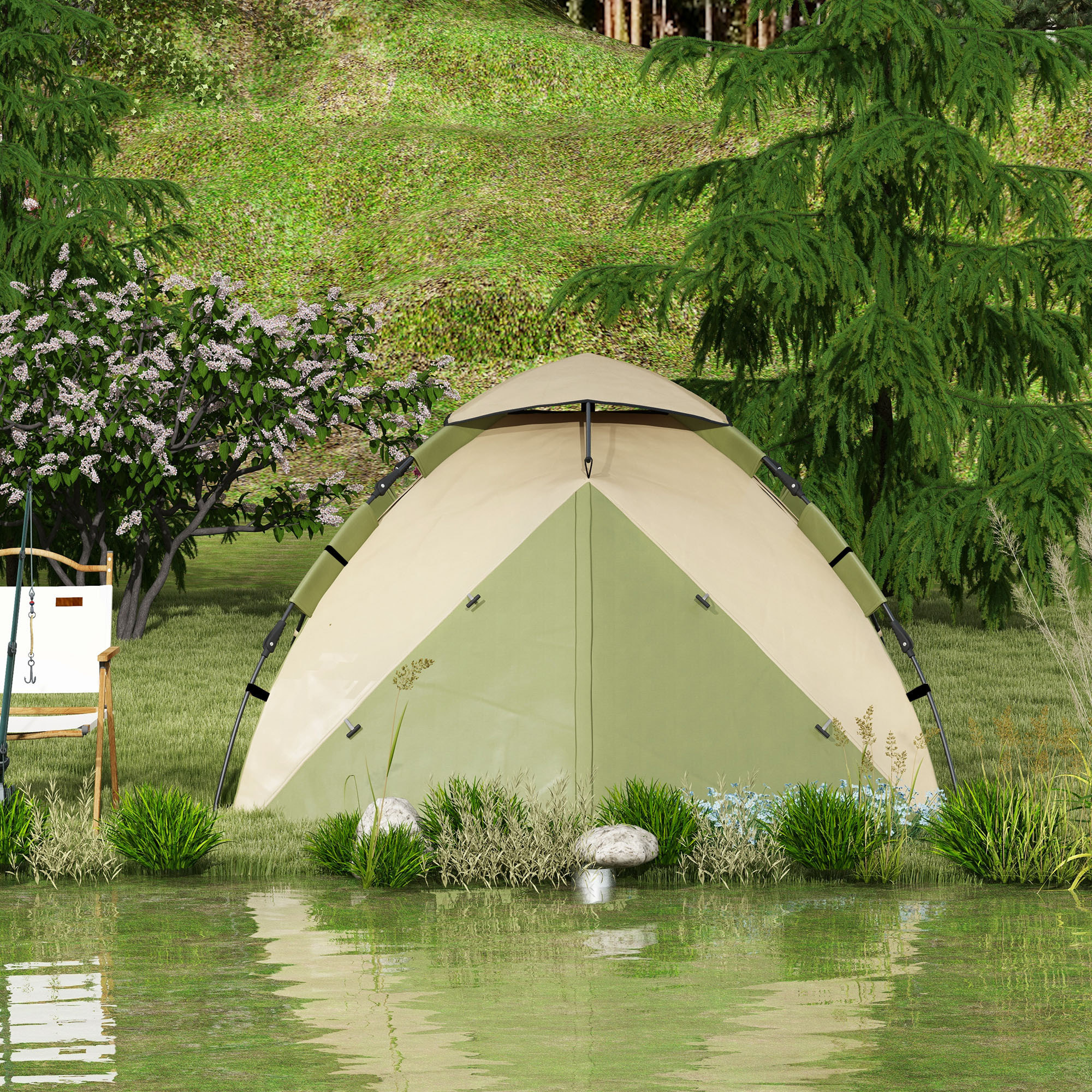 Tente de camping familiale 3-4 pers. tente dôme étanche 2000 mm sac de transport vert marron