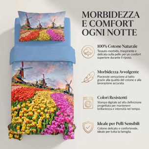 Completo lenzuola una piazza e mezza in cotone con stampa alta qualità, set letto con lenzuolo sopra, sotto con angoli e federa, morbido e traspirante per pelli sensibili, colori brillanti e durevoli, certificato OEKO-TEX, comfort quotidiano