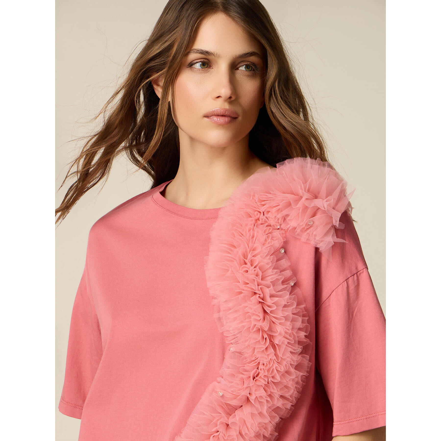 Oltre - T-shirt con applicazione in tulle - Rosa