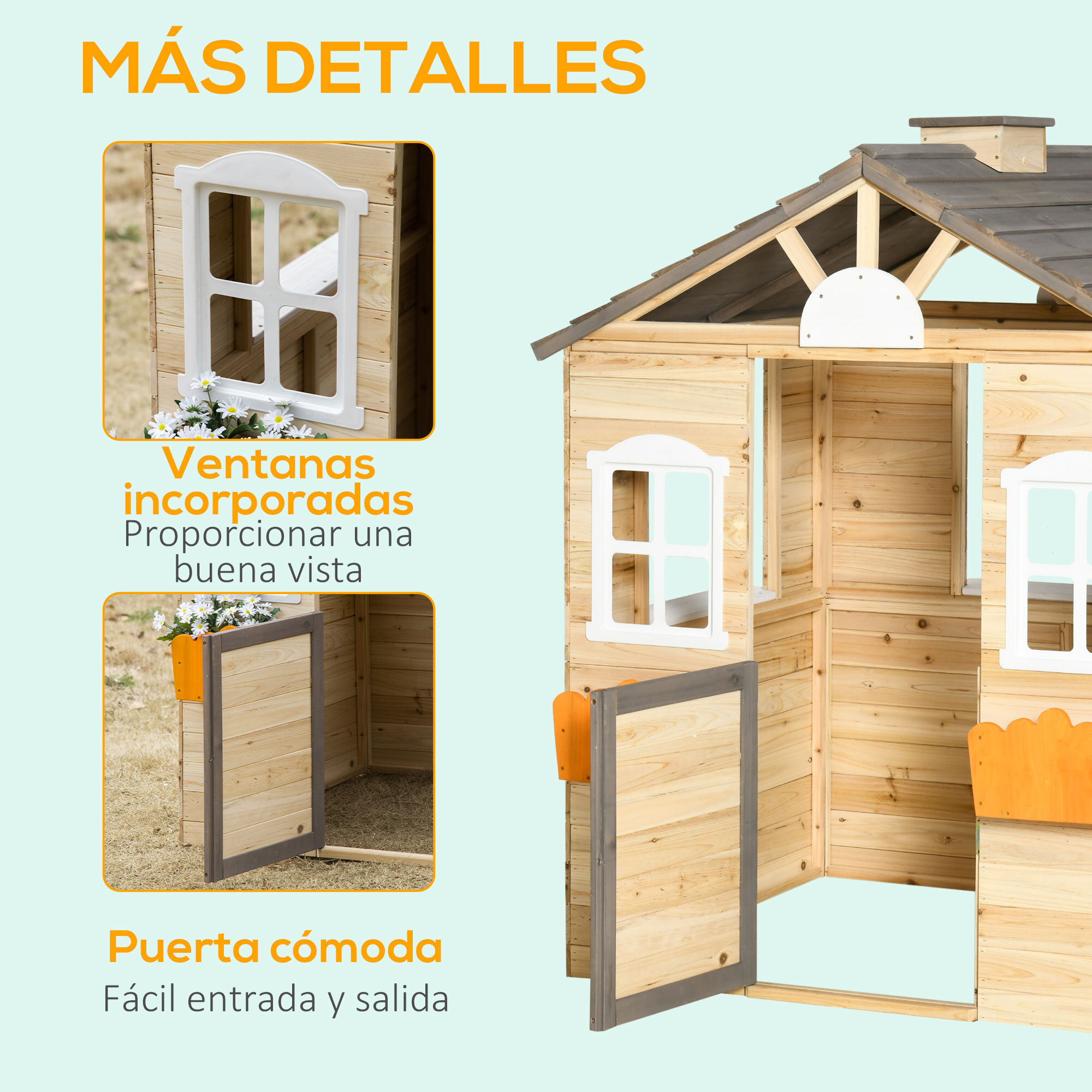 Casa de Jardín Infantil de Madera Casa de Juegos Exterior para Niños de 3 -7 Años con Ventanas 2 Jardineras y 1 Banco 113x94x134,5 cm Natural