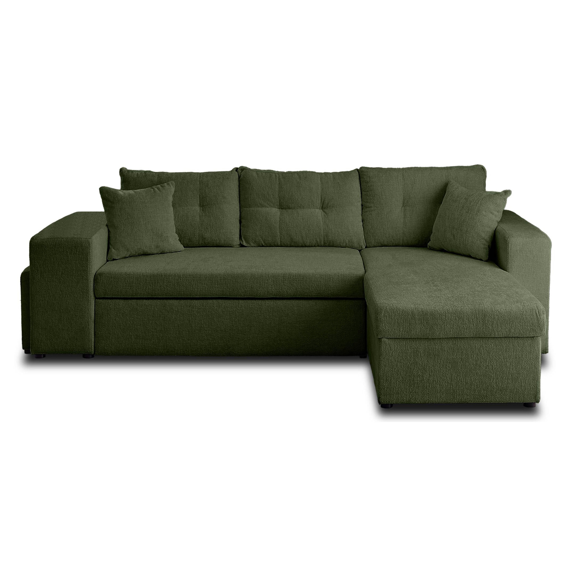 California - canapé d'angle réversible 4 places - convertible avec coffre, étagère et poufs - en velours texturé - Vert