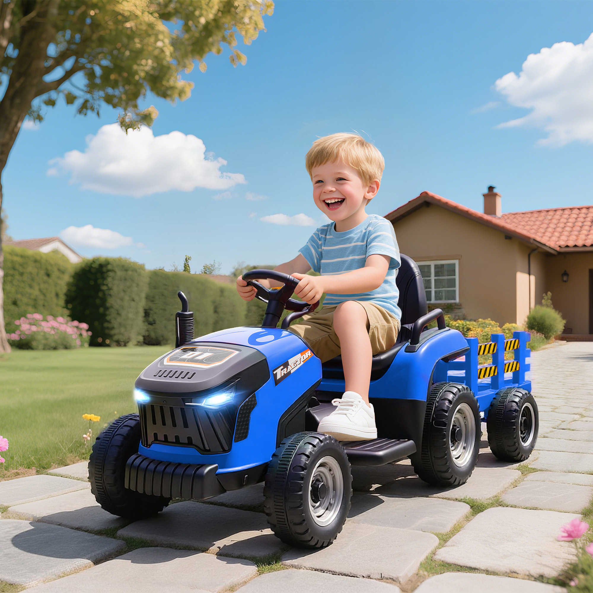 Tractor Eléctrico para Niños con Remolque Desmontable, Tractor de Juguete de Batería 12V, Velocidad 3-5 km/h, Control Remoto 2,4G, Música, Bocina, para Niños de 3-8 Años, Azul