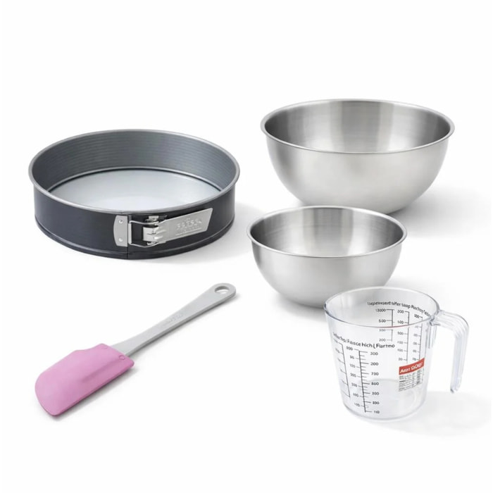 Set pâtisserie avec moule à manqué acier, 2 bols à mixer, verre mesureur et spatule Zenker