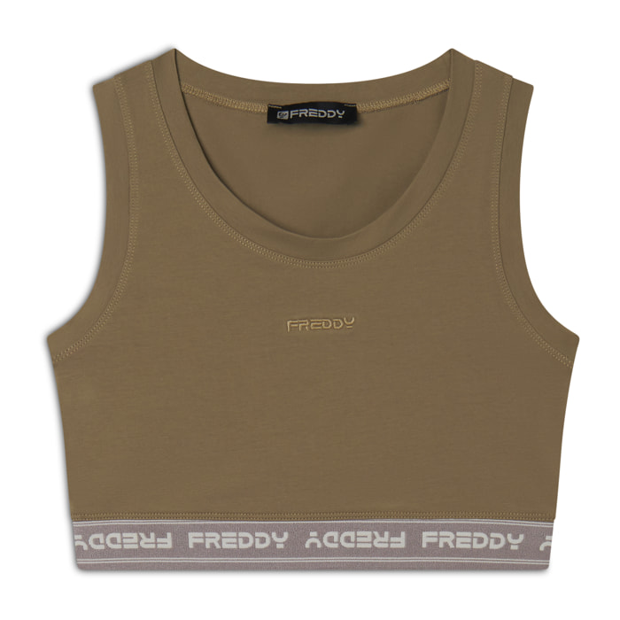 Top sportivo in heavy jersey stretch con elastico logato