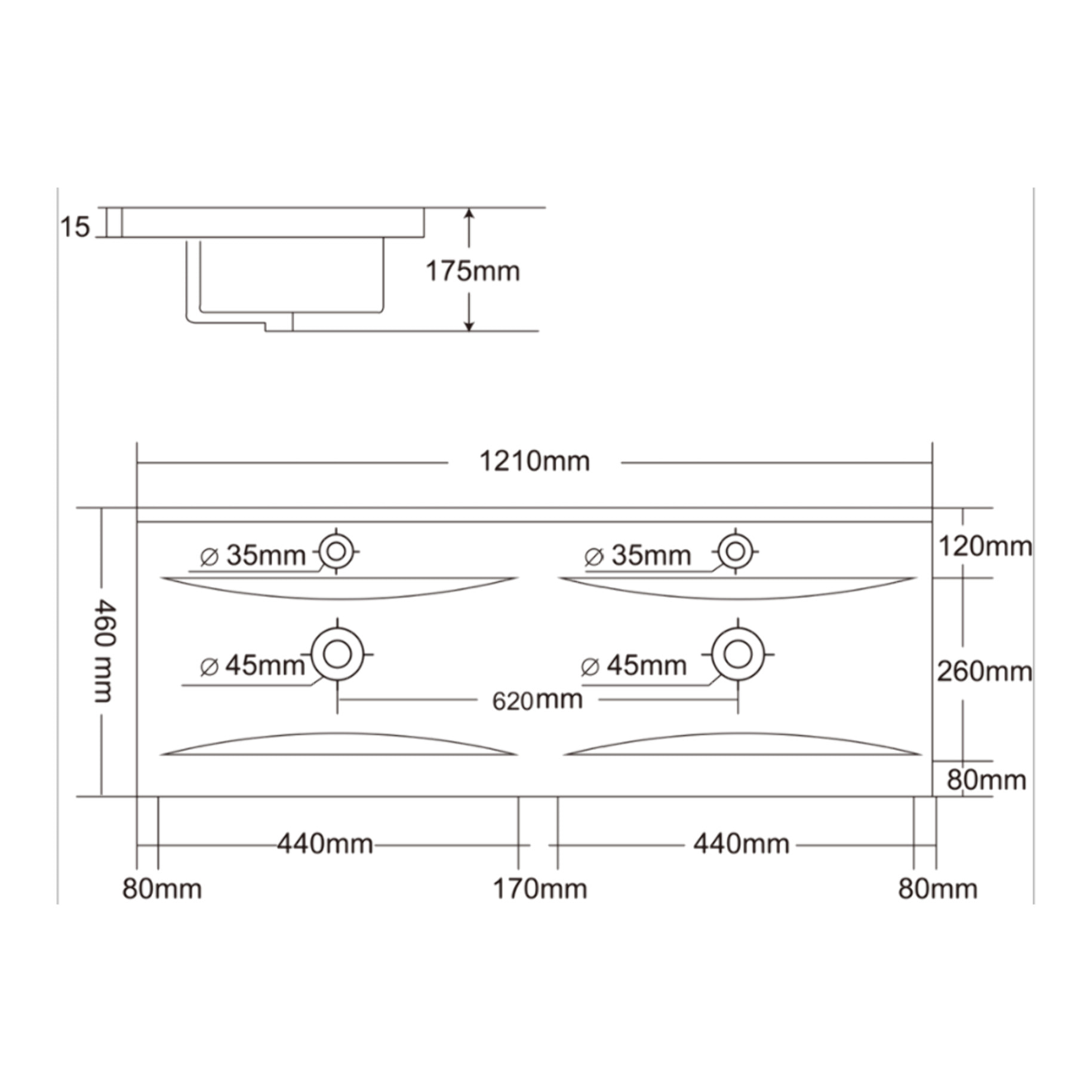 Modena 121x46x17,5 cm lavabo double vasque en céramique, 2 trous de robinetterie, avec trop-plein, noir mat (M12046BKM)