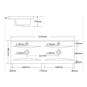 Modena 121x46x17,5 cm lavabo double vasque en céramique, 2 trous de robinetterie, avec trop-plein, noir mat (M12046BKM)