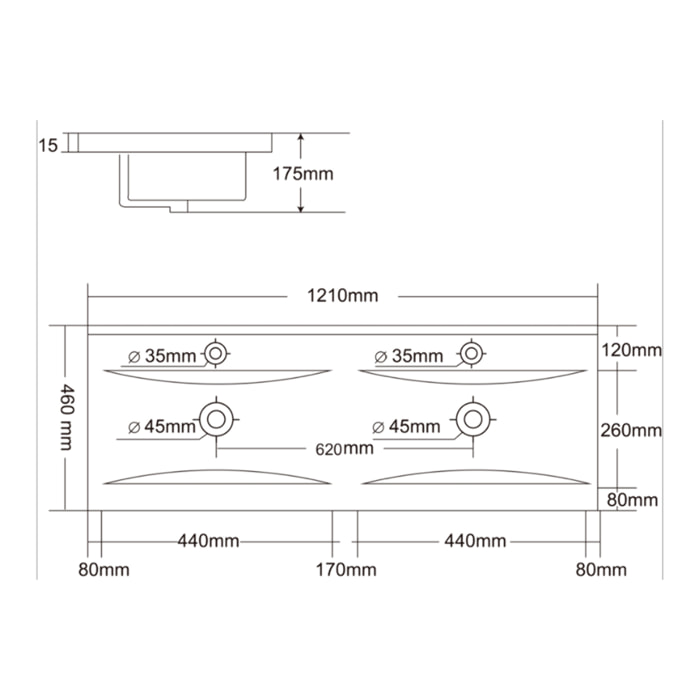 Modena 121x46x17,5 cm lavabo double vasque en céramique, 2 trous de robinetterie, avec trop-plein, noir mat (M12046BKM)