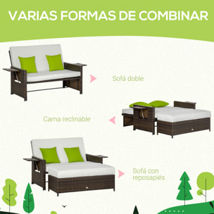 Sofá de Ratán de 2 Plazas con Mesitas y Reposapiés de Almacenaje Tumbona de Jardín con Respaldo Inclinable y Cojines Gruesos Desenfundables 130x72x96 cm Marrón y Beige