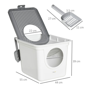 Maison de toilette litière pour chat double porte battante et supérieure - pelle incluse - blanc gris