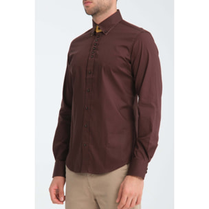 Camicia Uomo 1 Bottoni Button Down Slim Popeline Stretch Unito Marrone