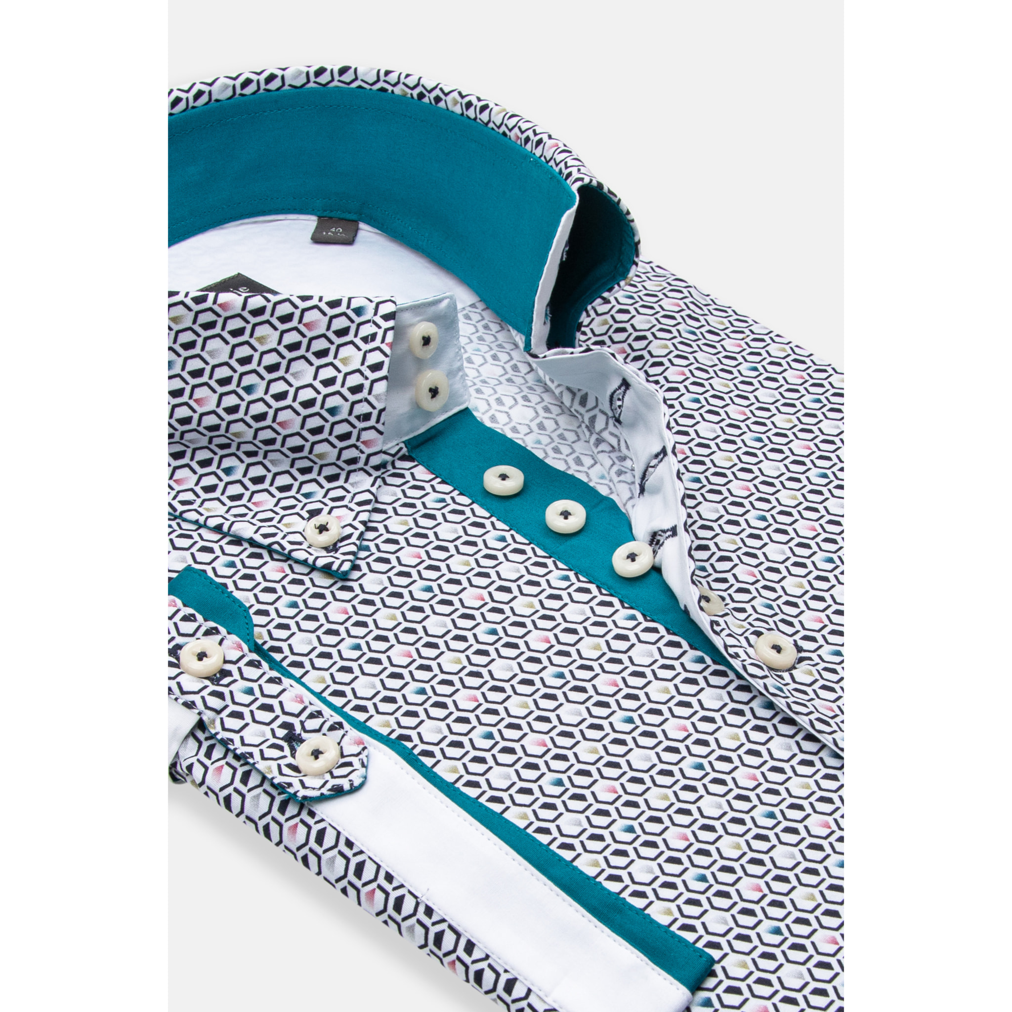 Camicia Uomo Manica Corta 2 Bottoni Button Down 7 Botto Popeline Stretch Stampato Bianco e Blu