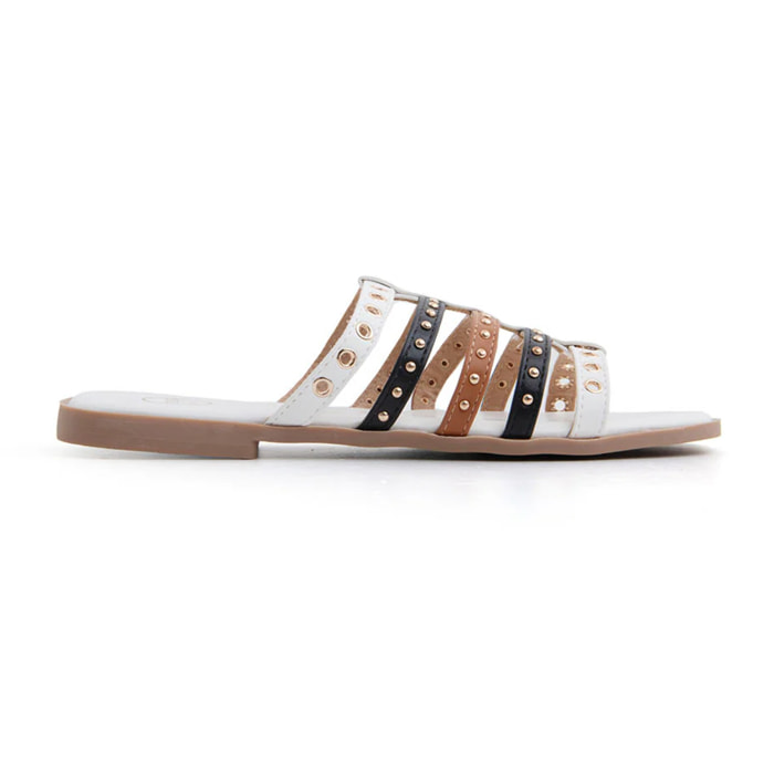 Ciabatta flat tricolor con occhielli - BEIGE