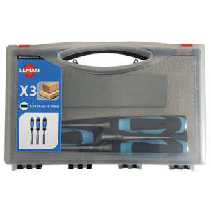 Coffret de 3 ciseaux à bois LEMAN manche bi matière + 1 pierre - 780.500.03