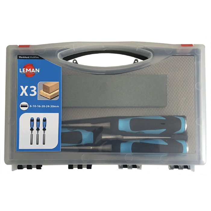 Coffret de 3 ciseaux à bois LEMAN manche bi matière + 1 pierre - 780.500.03
