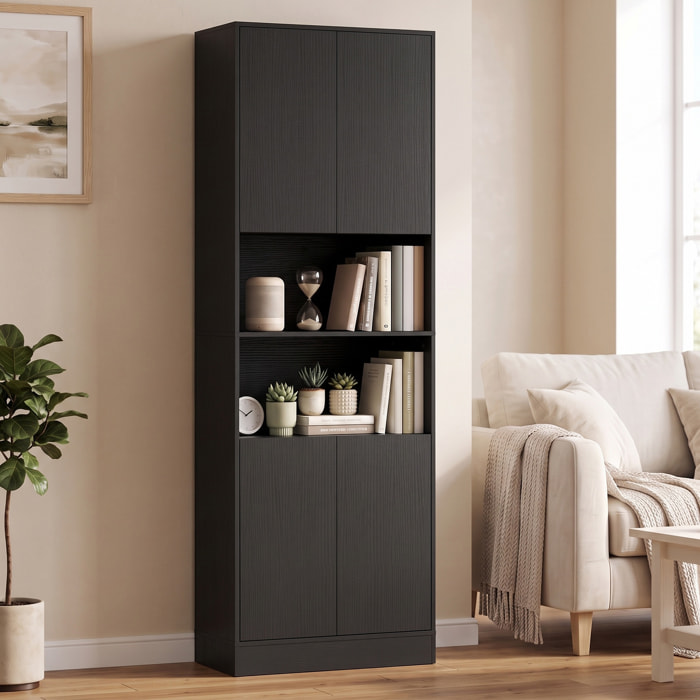 Buffet haut effet bois noir 4 portes 2 étagères 2 niches
