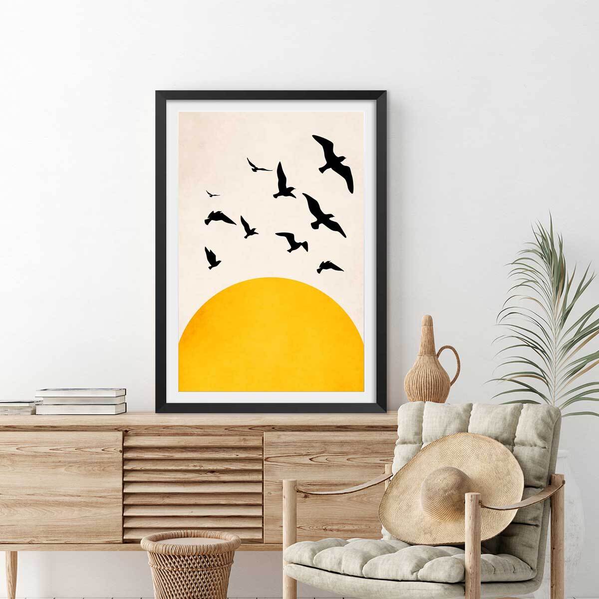 Affiche dessin ""ailes au soleil"" Affiche + cadre en bois - Noir