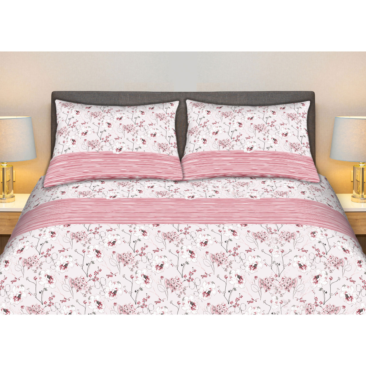 Completo Lenzuola 100% Cotone Effetto Seta Bouquet Rosa CN