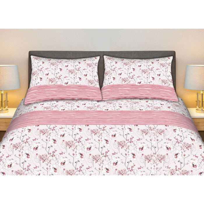 Completo Lenzuola 100% Cotone Effetto Seta Bouquet Rosa CN
