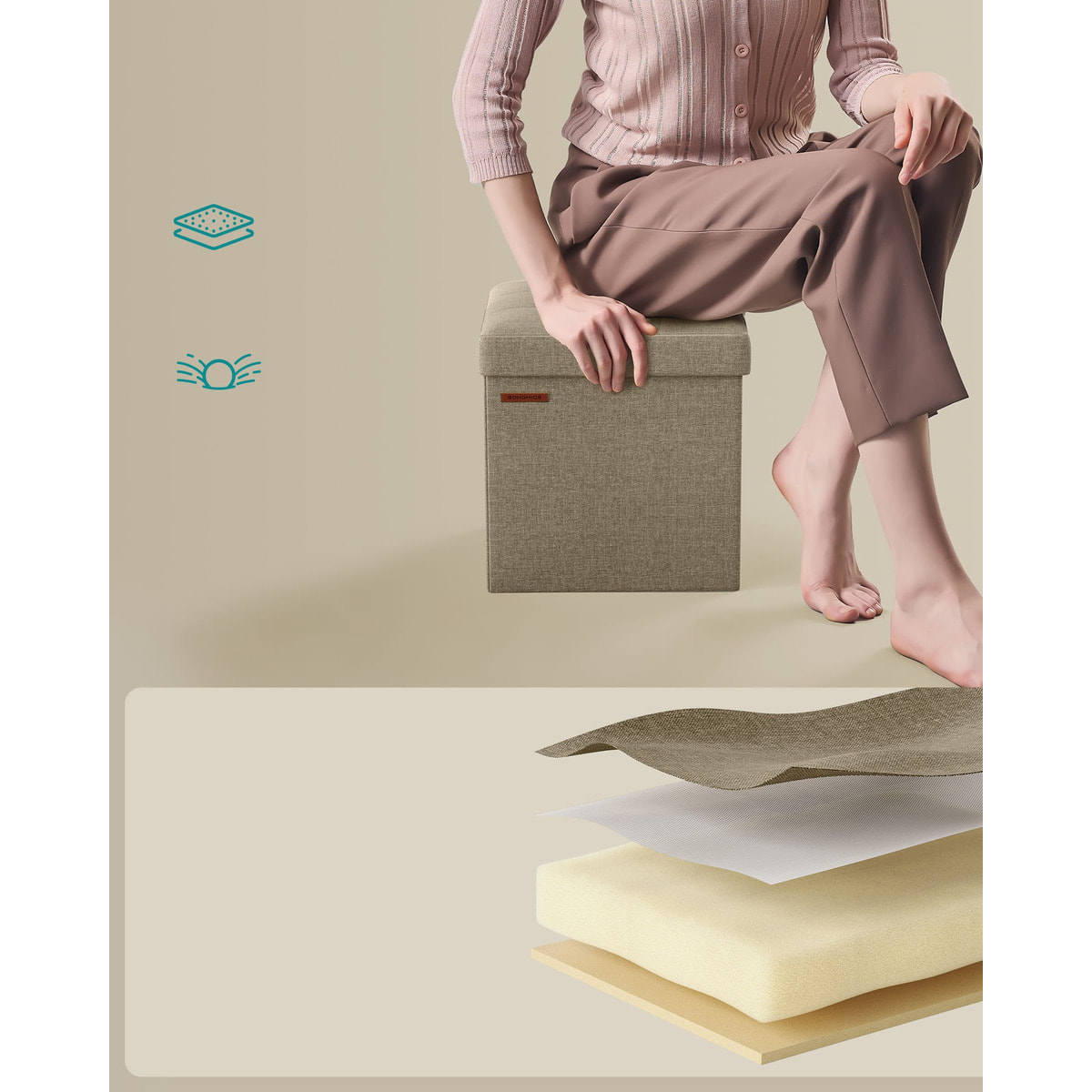Pouf contenitore pieghevole color cammello effetto lino