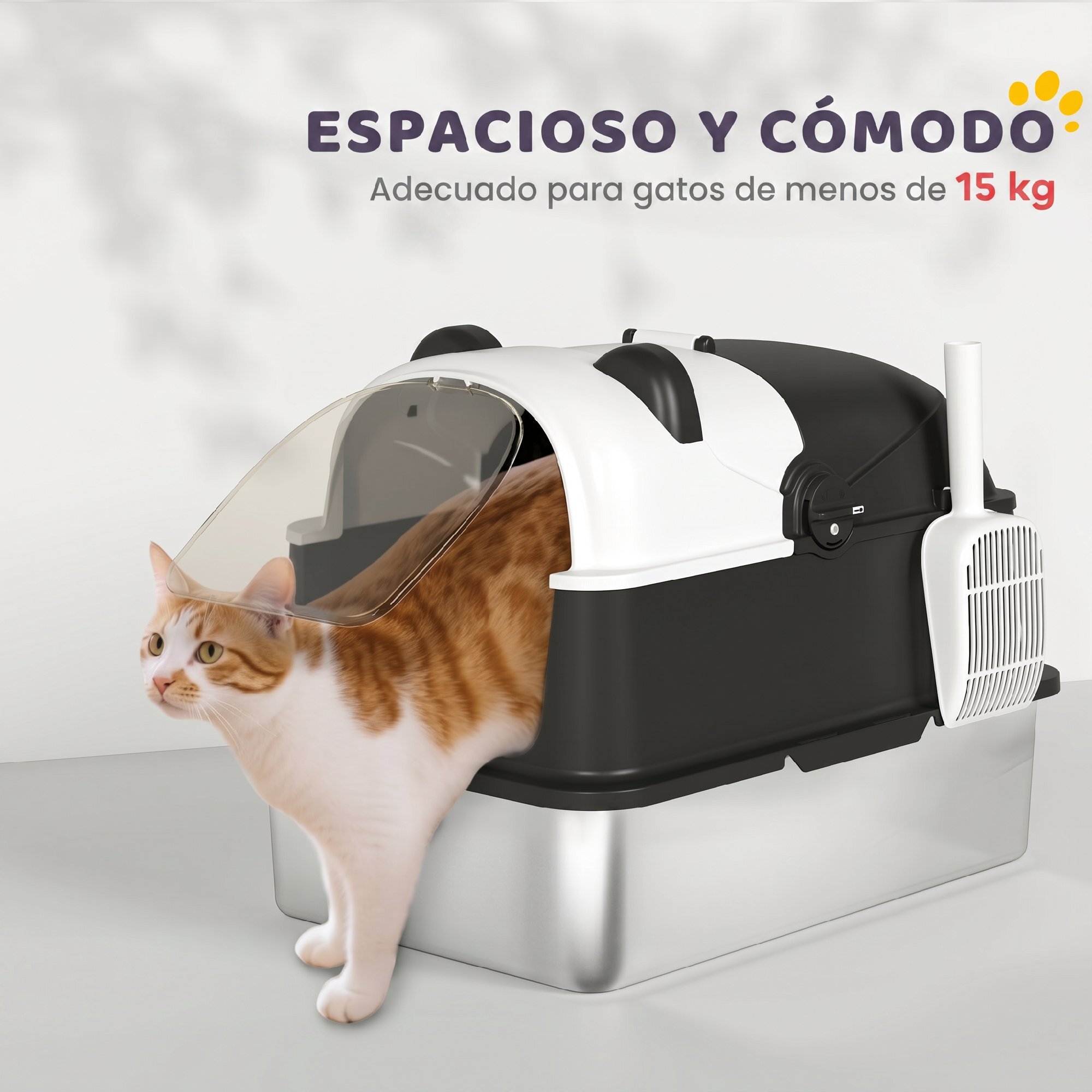 Arenero para Gatos Cubierto XL de Acero Inoxidable, Caja de Arena para Gatos Grandes con Tapa Abatible, Pala, Bolsa Desodorante, Diseño de Panda, Fácil de Limpiar, Antifugas, Sin Olor, Negro