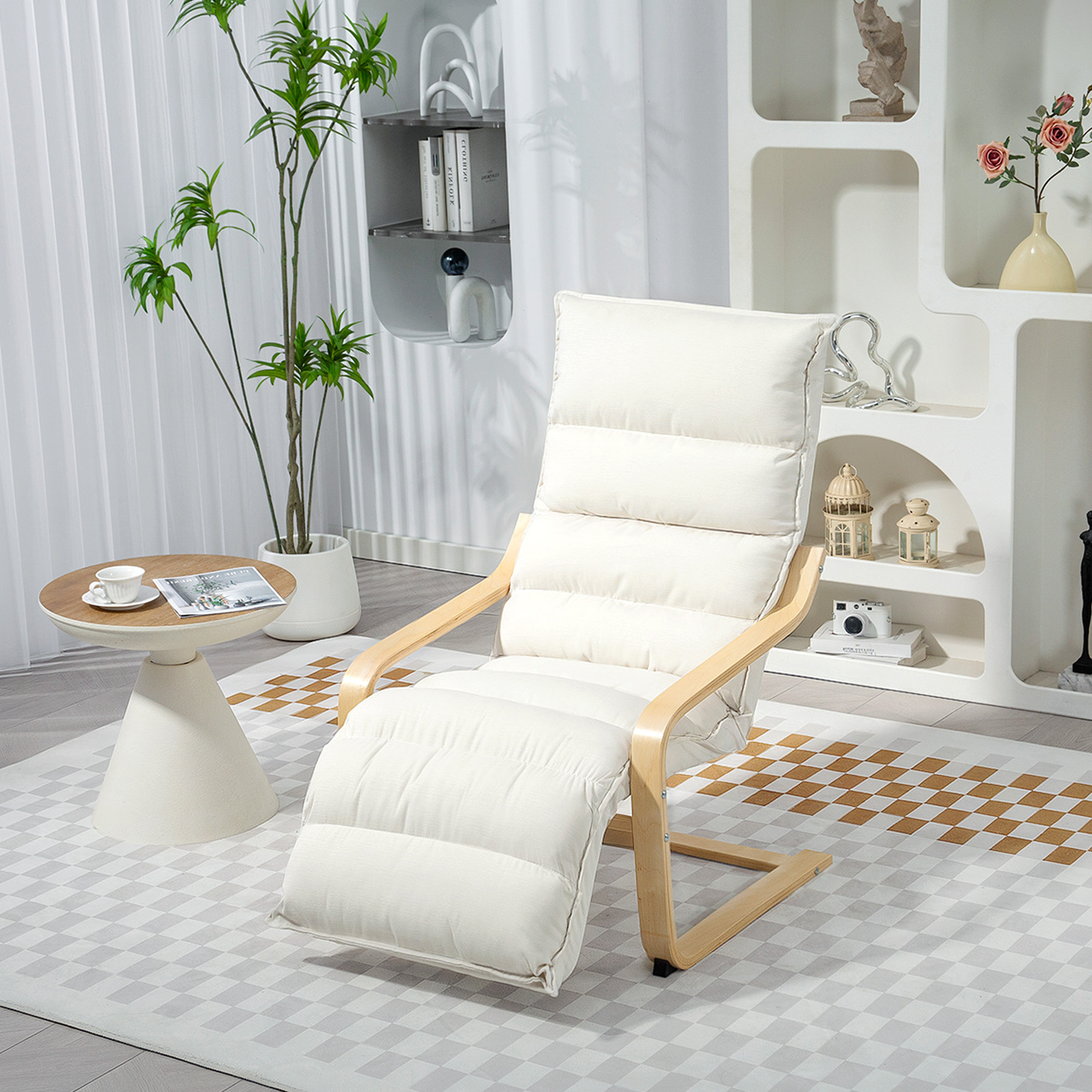 Sillón de Salón con Reposapiés Ajustable, Butaca de Salón Tapizada en Terciopelo, Marco de Madera, Sillón de Relax para Dormitorio, Oficina, Estudio, 67x93x105 cm, Crema