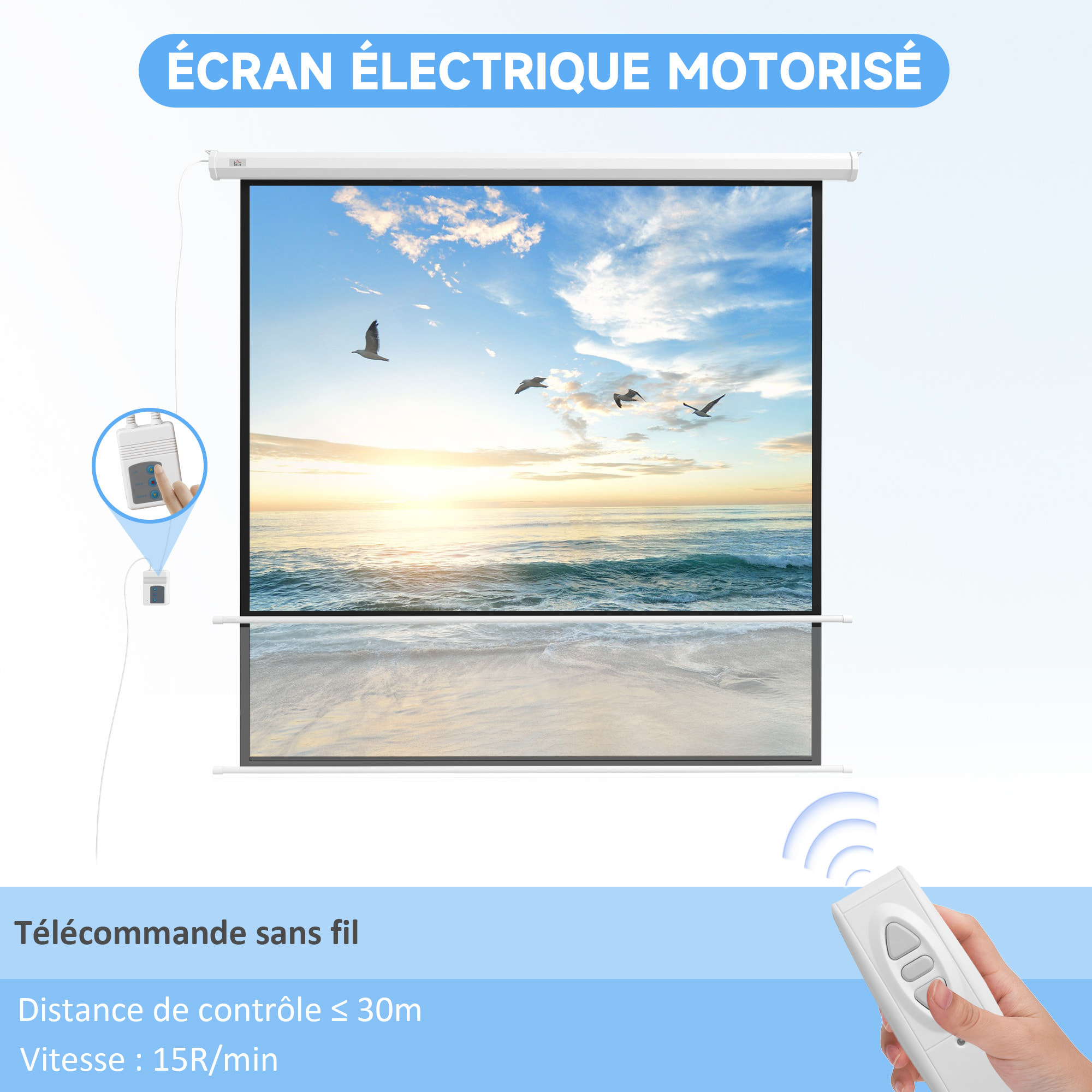 Écran de projection motorisé home-cinéma format 1:1 96 pouces 4K HD avec télécommande blanc noir