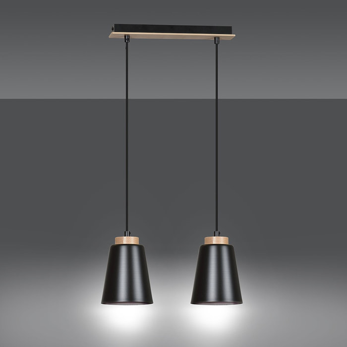Lampada a sospensione Bolero in acciaio nero e legno