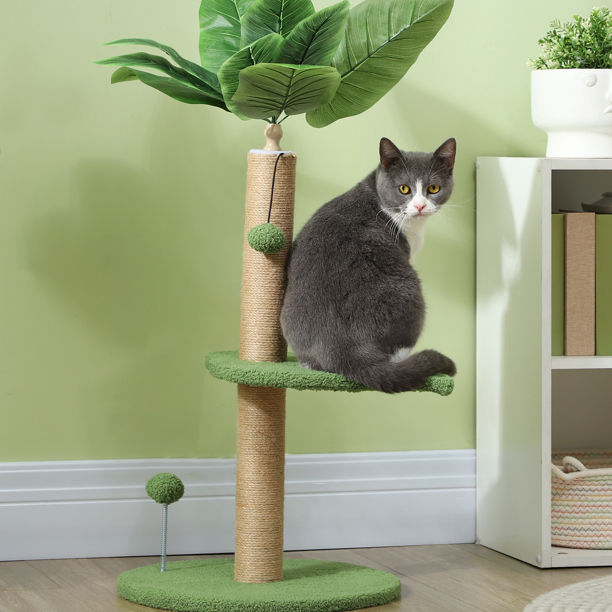 PawHut Árbol Rascador para Gatos 83 cm con Hojas Artificiales, Torre para Gatos con Poste de Yute, Plataformas de Felpa, 2 Juguetes de Bolas, Verde