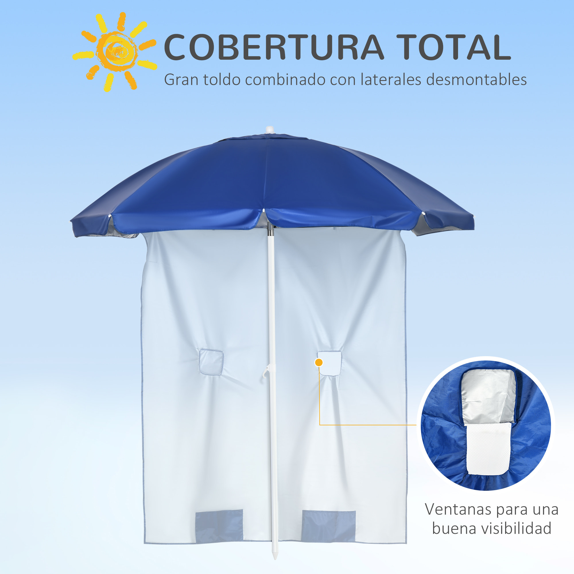 Sombrilla de Playa con Panel Lateral Ø191x211 cm Parasol para Terraza con Manivela Manual Techo Inclinable 2 Bolsillos y 2 Ventanas para Jardín Piscina Azul