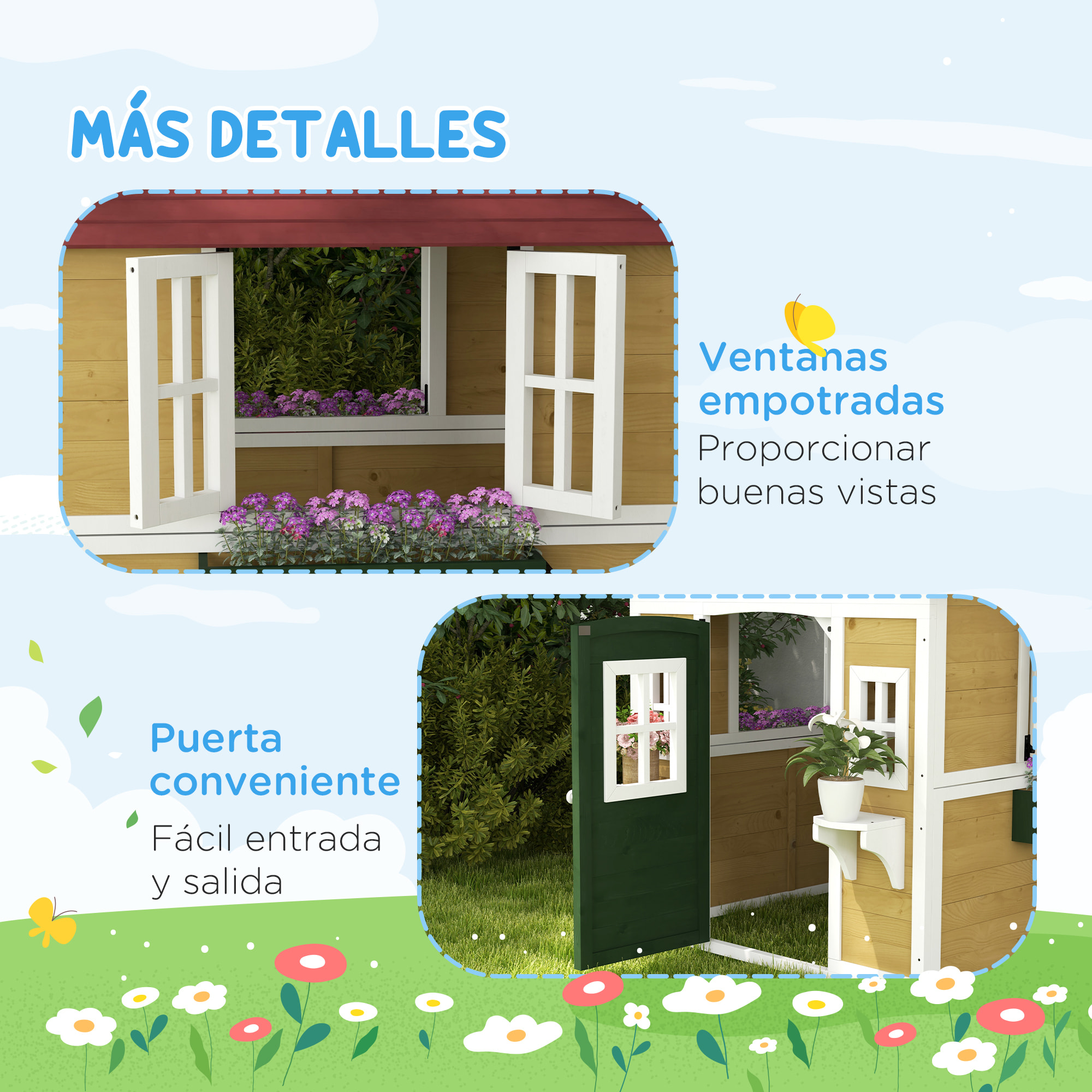 Casa de Jardín Infantil Casa de Madera para Niños con Puerta Ventanas Jardineras y Soportes de Flores 114x126,4x135 cm Madera Natural