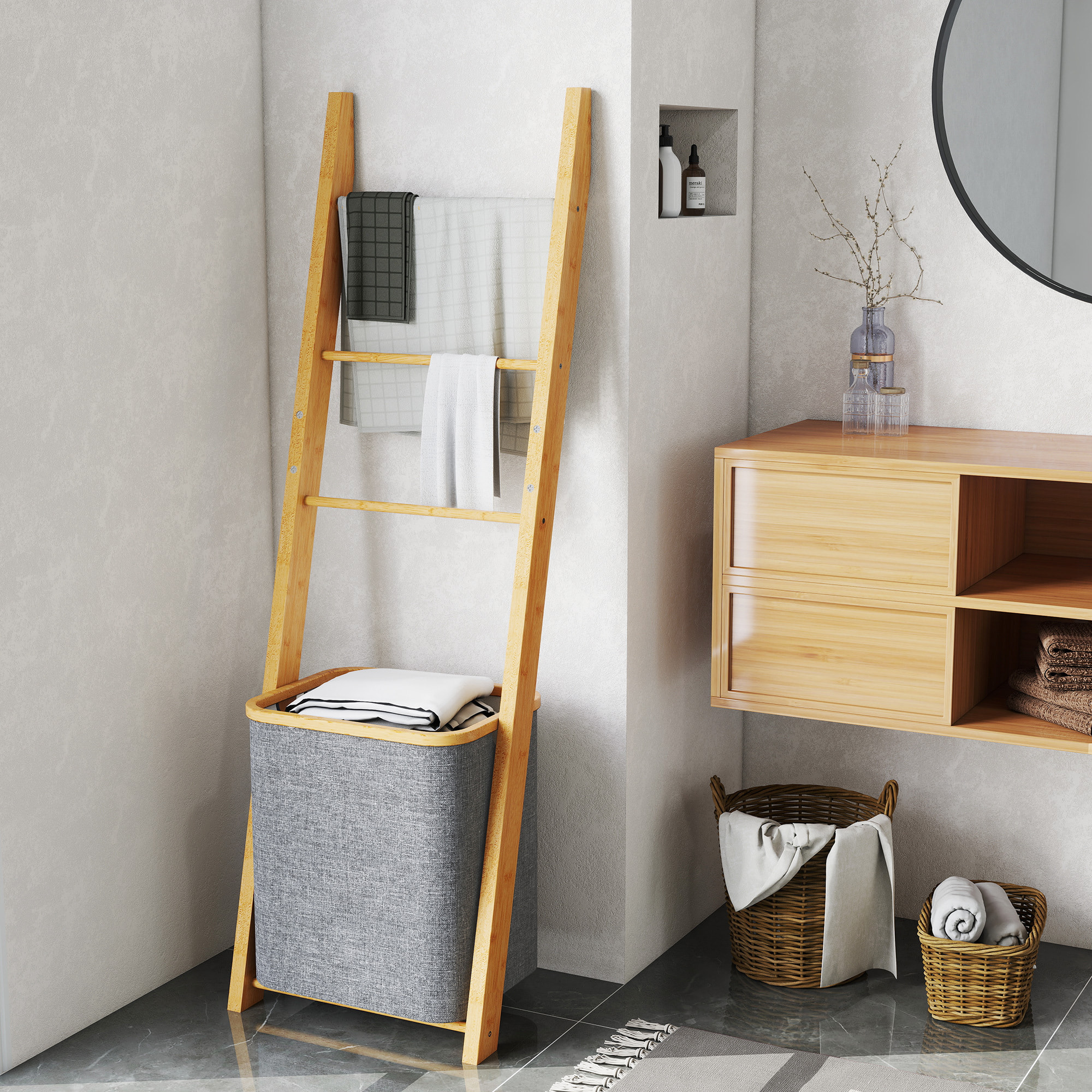 Porte-serviettes bambou avec panier à linge, échelle porte-serviettes avec 1 panier à linge, pour salon, chambre à coucher, buanderie, 43 x 35 x 133 cm, gris