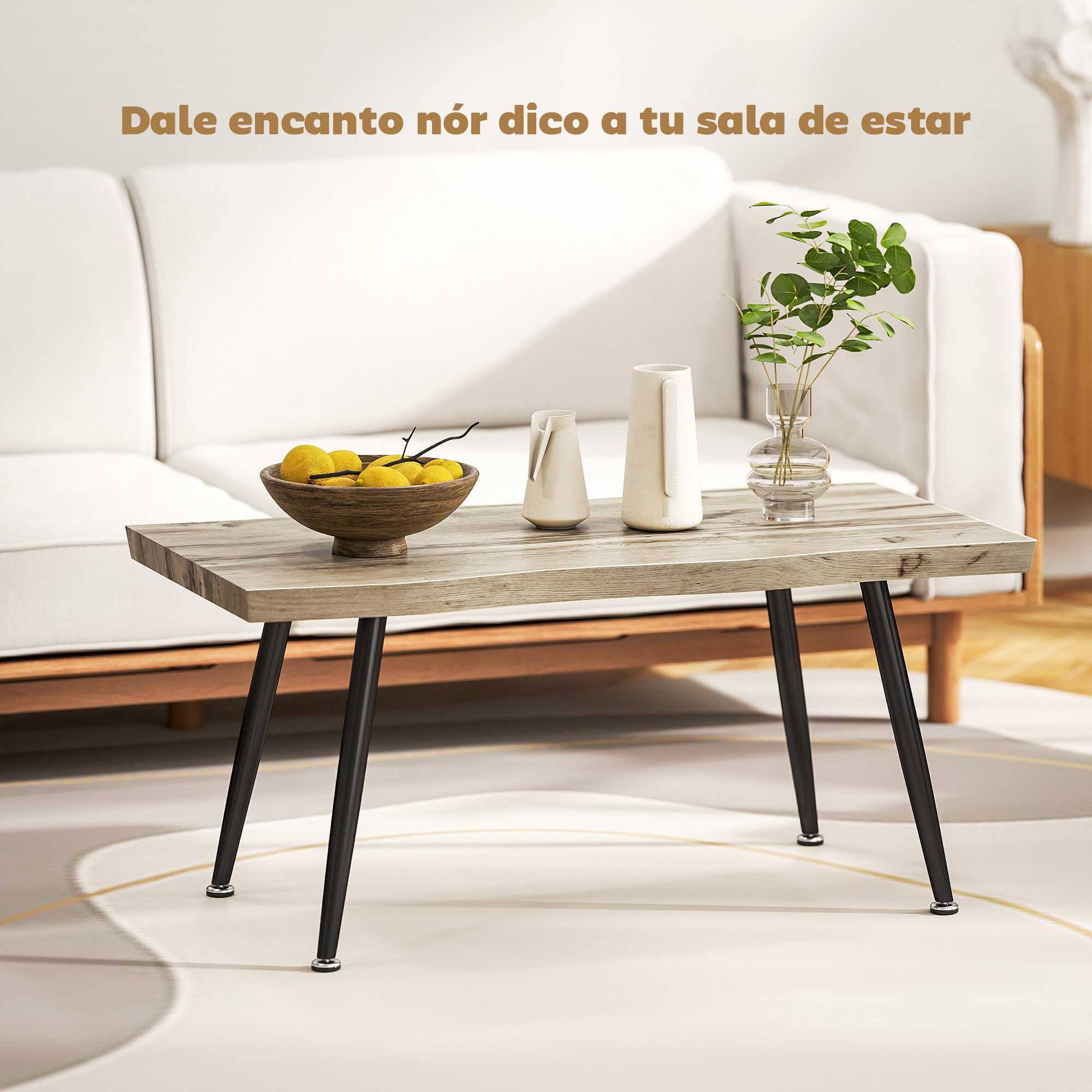 Mesa de Centro Curva, Mesa baja para Salón Moderno con Tablero Grueso de 4 cm, Patas de Acero, para Sala de Estar, Dormitorio, 100x50x45 cm, Roble