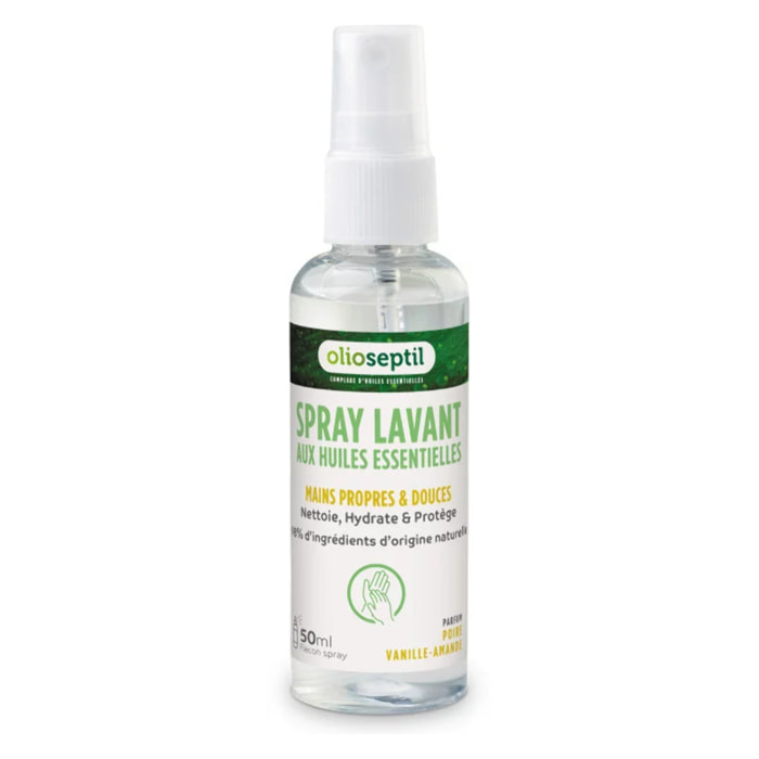 OLIOSEPTIL - Spray Lavant aux Huiles Essentielles - Mains propres & douces - 98% d'ingrédients d'origine naturelle - Nettoie, hydrate & protège - Sans rinçage - Poire Vanille-Amande - Spray 50ml