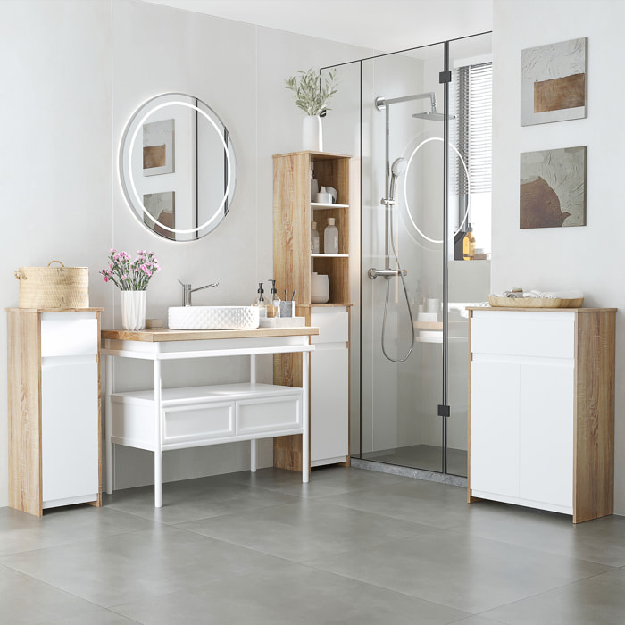 Armario Auxiliar de Baño con 1 Cajón y 2 Puertas Mueble Auxiliar de Baño para Salón Aseo Dormitorio Estilo Moderno Antivuelco 60x30x90 cm Blanco y Natural